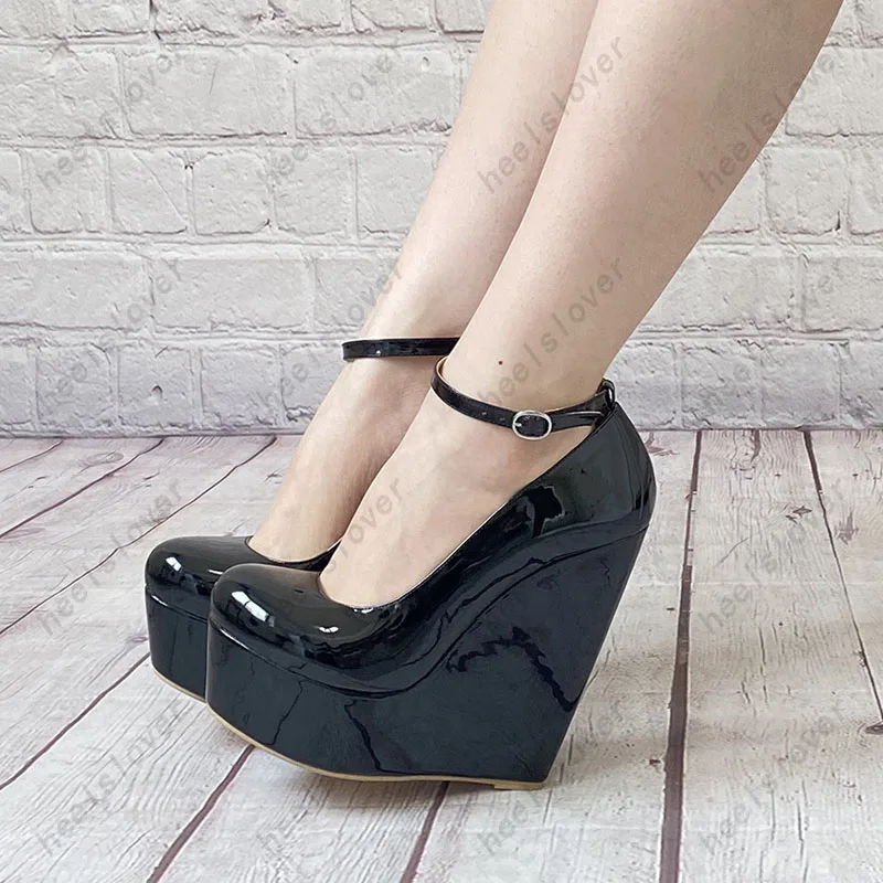 Ahhlsion Real Photos Women Platform Pumps Ankle Strap Wedges Heels Round Toe Elegant Black Casual Shoes US Plus Size 4-14