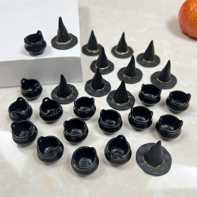 10Pcs Halloween Mini Resin Candy Kettles Witch Hat Candy Holder Pot Witch Cauldron Holder Jar Halloween Kids Toy Party Decors