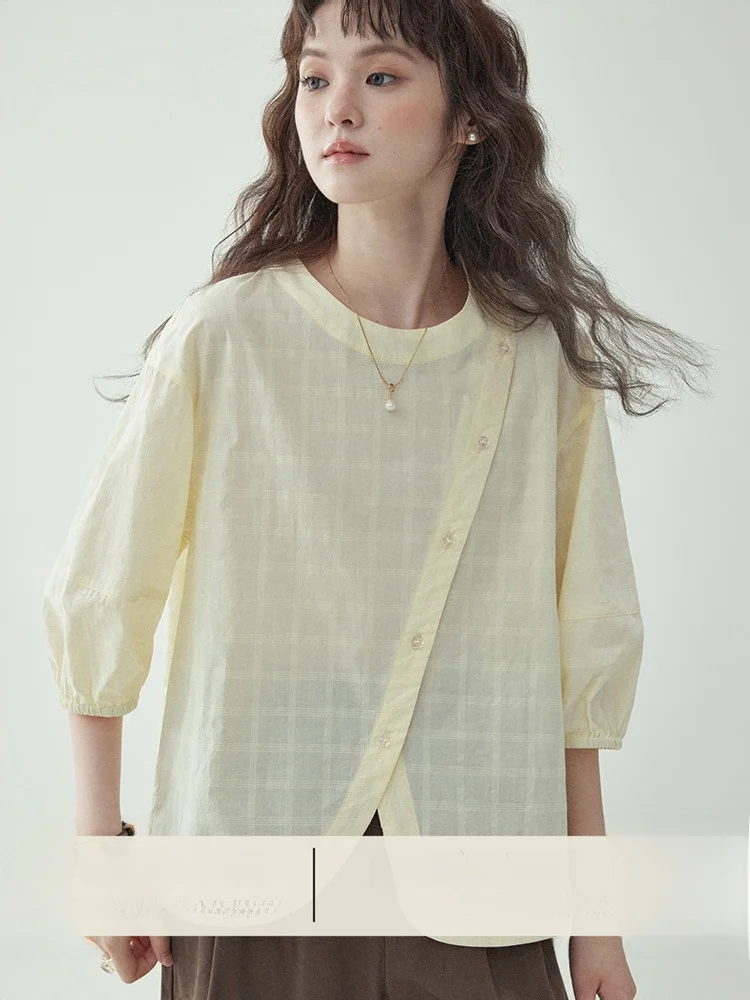 

AMUU Original Pure Color round Ne Casual irt Women's Autumn Sunscreen Irregular Loose Top Button Detail Cotton Blend