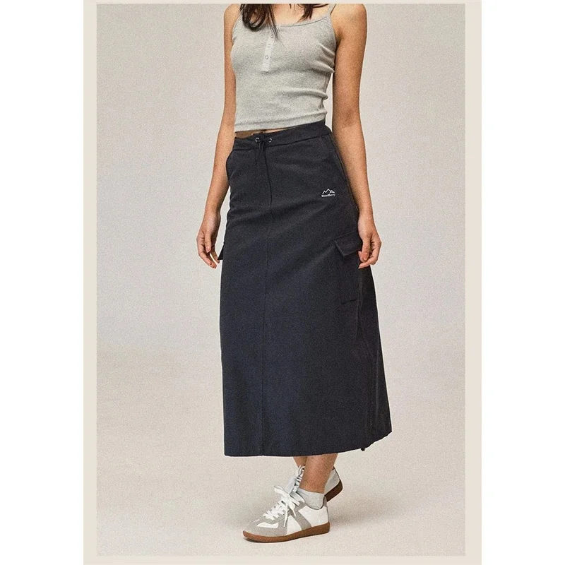High Waist Drawstring Midi Skirt American Vintage Loose Fit Cargo Pockets Workwear Casual Street Summer Outfit For Women Gift