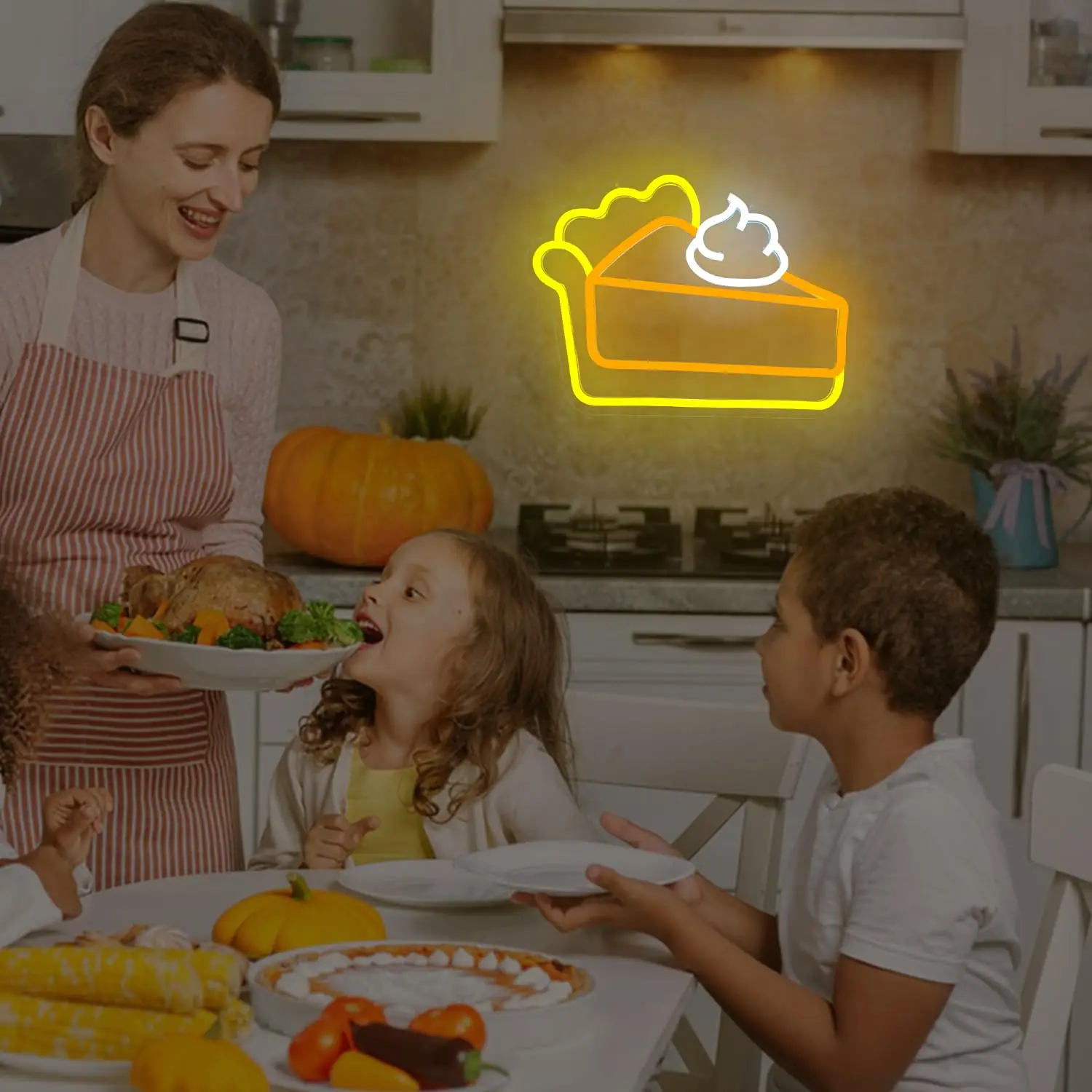 Pumpkin Pie LED Neon Sign Thanksgiving Dimmable Cake Light Up for Wall Decor for Business Party Restaurant Coffee Fireplace