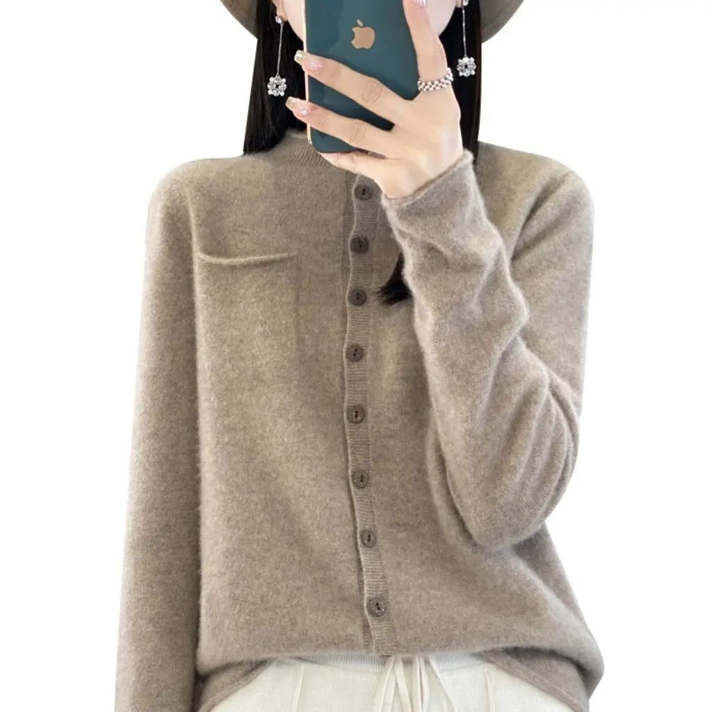 

Весенний новый кардиган из австралийской шерсти, женская куртка с карманами и клапаном, 100% готовая к ношению, оптовая продажа от производителя