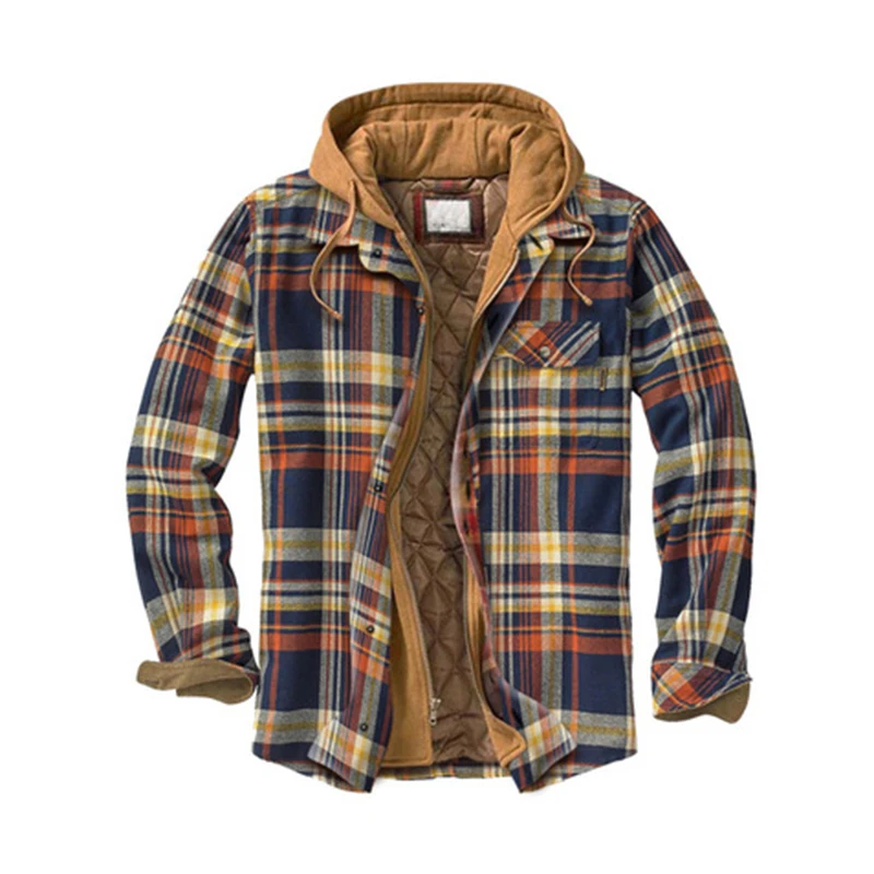 Mens Warm Quilted Lined Cotton Jackets With Hood Button Down Zipper Long Sleeve Plaid Jackets