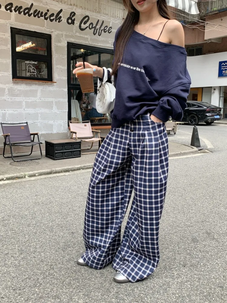 ADAgirl Navy Blue Skew Collar Sweatshirt Women Letter Print Oversized Streetwear Hoodie Wide Leg Plaid Pants Two Peice Sets Chic