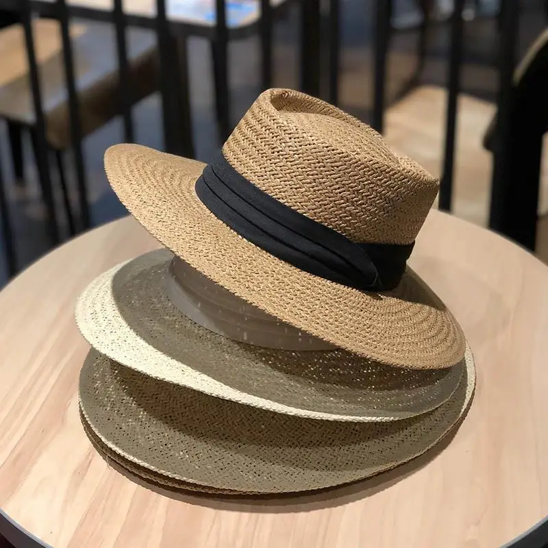 Straw bowler hat female sunshade sunscreen spring and summer seaside holiday England retro flat top straw hat fashionable