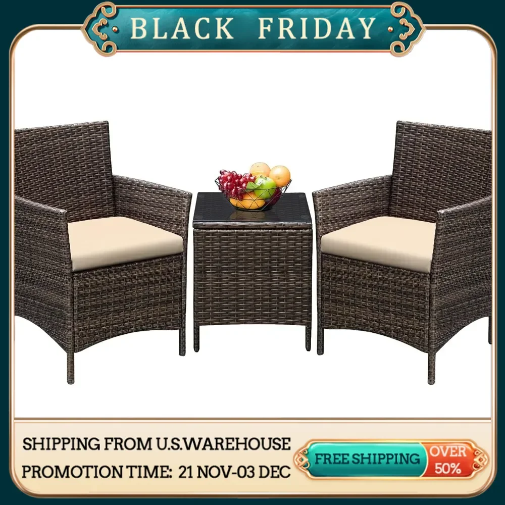 3 Pieces Patio Furniture PE Rattan Wicker Chair Conversation Set, 26.6x12.1x19.3 inches, Assemble Easily Sturdy&Durable