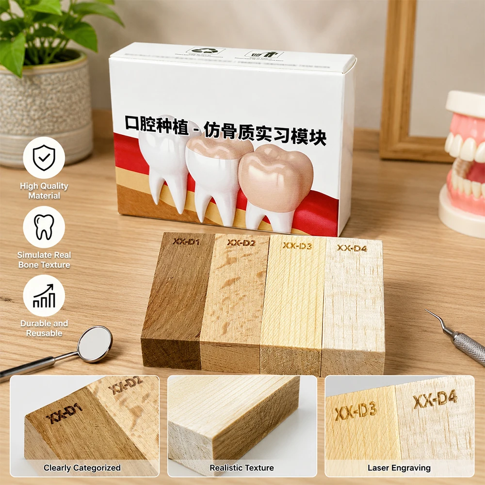 4pcs/set Dental Implant Practice Block Dentistry Alveolar Jaw Bone 4 Density Levels Simulated Bone Training Model Wood/Resin