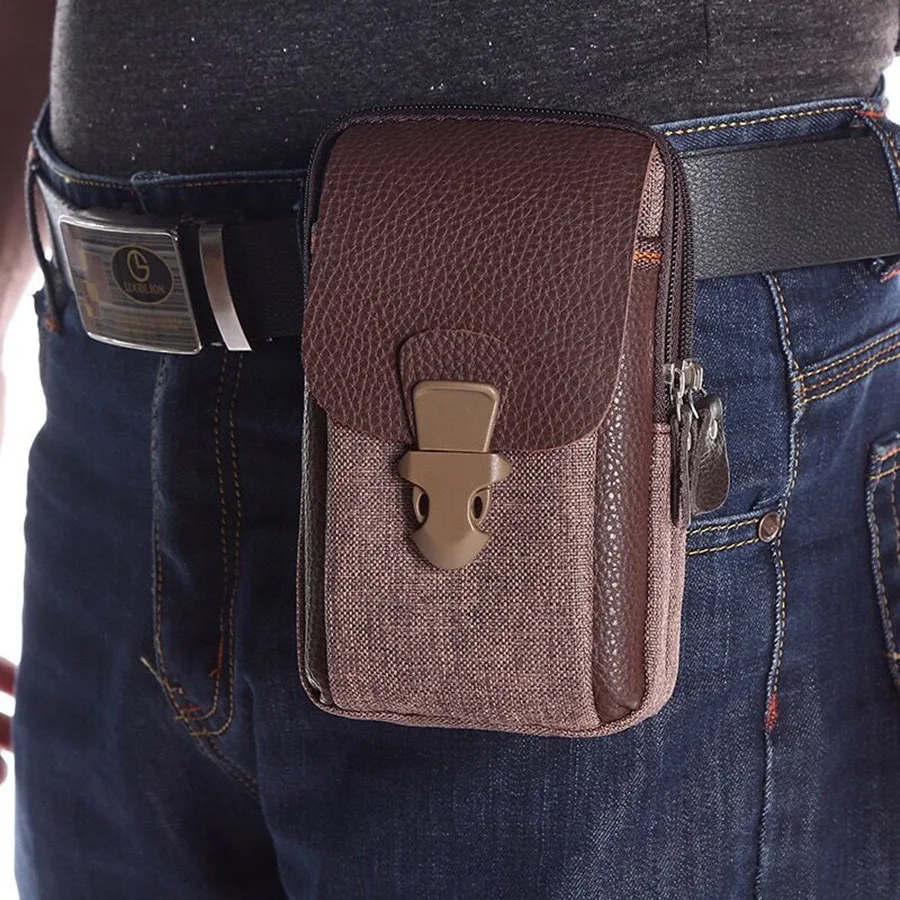 

PU leather men's waist bag with belt, 6.5-inch mobile phone storage, coin purse, wear-resistant construction site waist bag