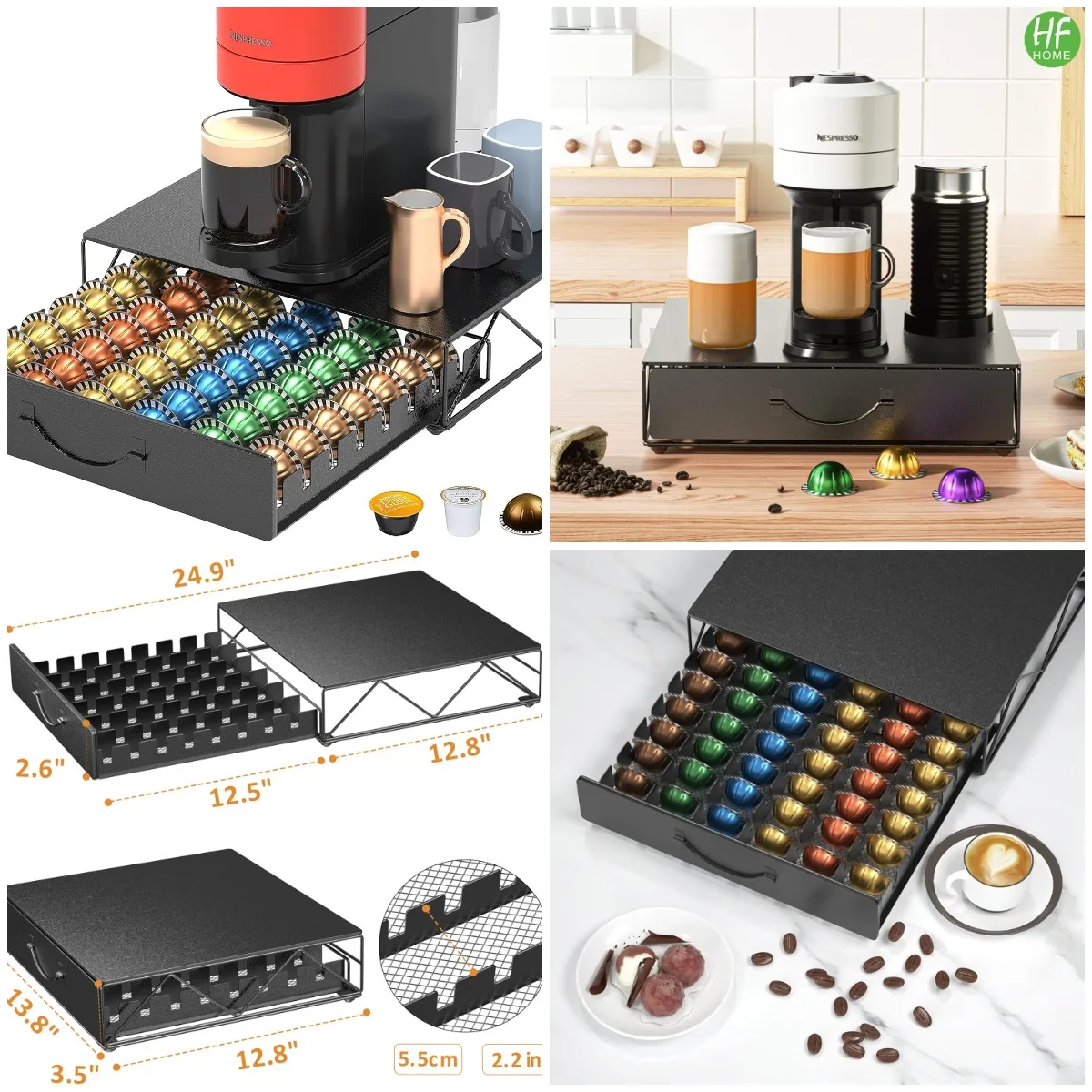 

48-Cup Coffee Pod Drawer Holder, Metal Nespresso Vertuo Capsule Storage, Black