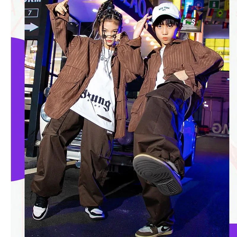 Pants For Girl Boy Jazz Dance Costume Kpop Clothes Kids Teen Cool Streetwear Hip Hop Clothing Oversize Brown Jacket Tops Joggers