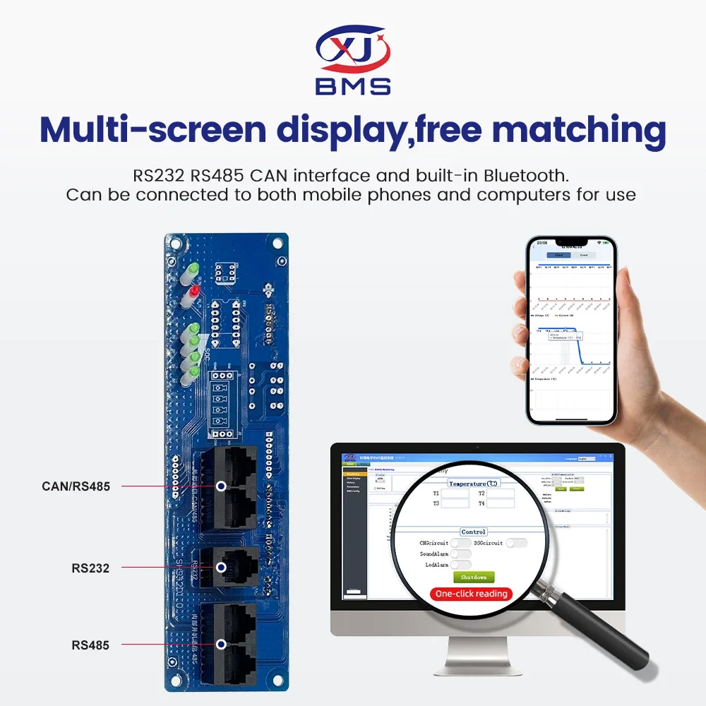 XJ BMS Smart BMS Li-ion Lifepo4 8S 15S 16S 48V 100A 200A for RS232 RS485 CAN LCD Lifepo4 Battery BMS