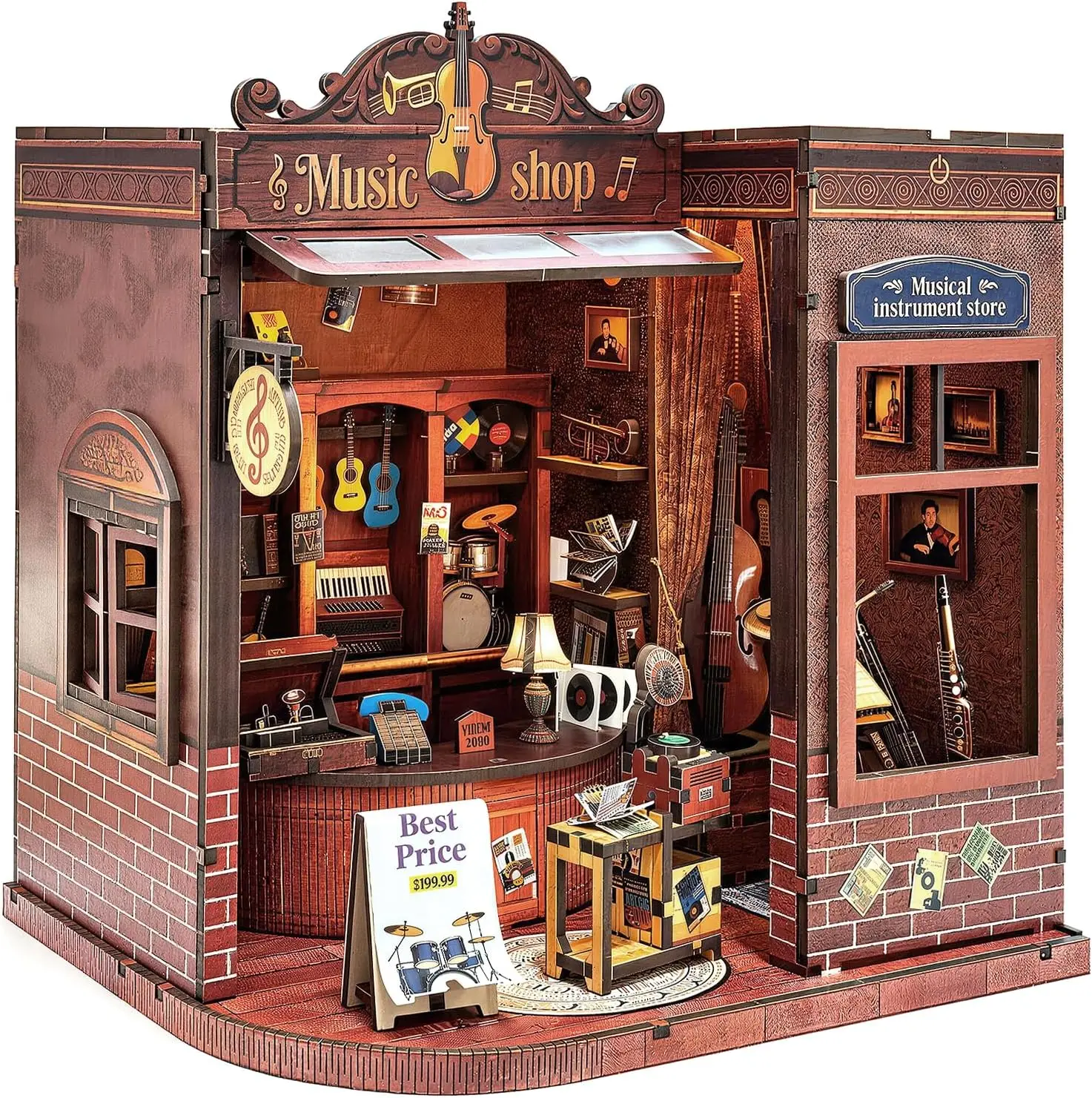 Book Nook Kit DIY Miniature House for Adults, Timeless Music Shop Dollhouse Bookshelf Insert with LED Light, DIY Craft Model Kit