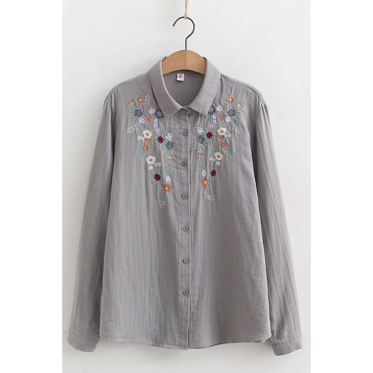 Embroidered Shirt for Women 2025 Spring Long-sleeved Top Coat Base Casual Loose Double-layer Cotton Yarn Trendy