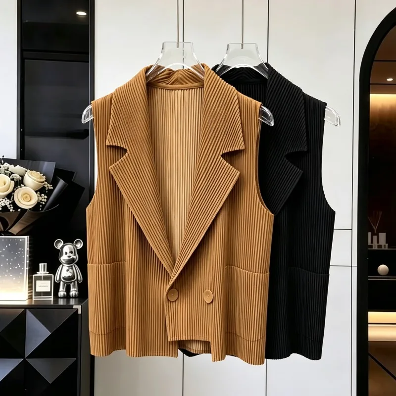 Miyake Pleated Vest 2026 Autumn Winter New Simple Casual Solid Color Suit Sleeveless Top Turn-down Collar Women's Short Jacket