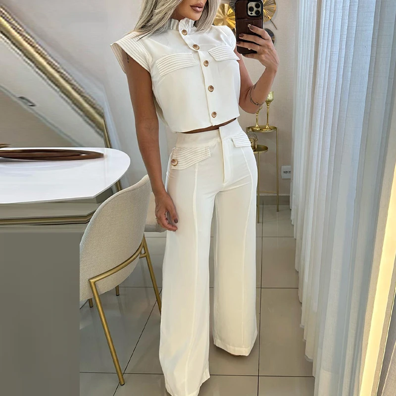 Summer White High Street Slim Set Female Temperament Commute Set Elegant Ruffled Sleeveless Button Shirts+Straight Pants Outfits