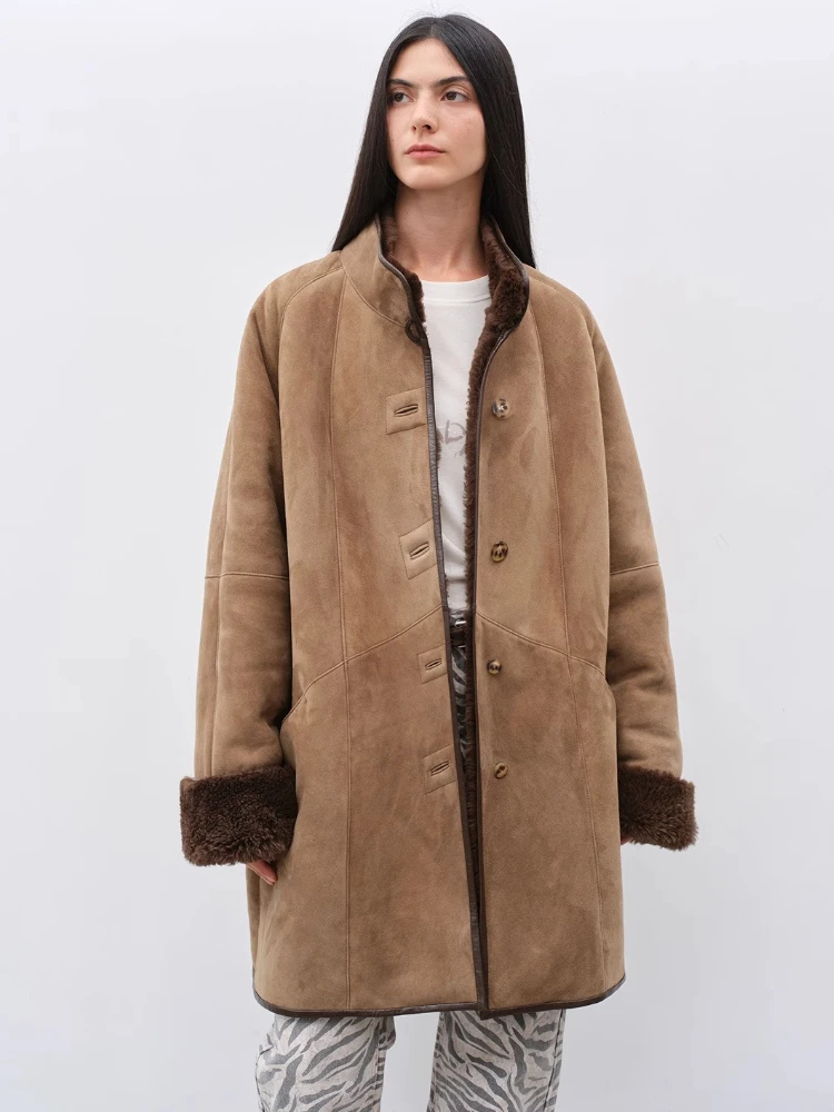 

High-end Luxury Merino Sheep Fur Winter Suede Jackets Women Simple Stand Collar Vintage Mid-length Genuine Leather Real Fur Coat