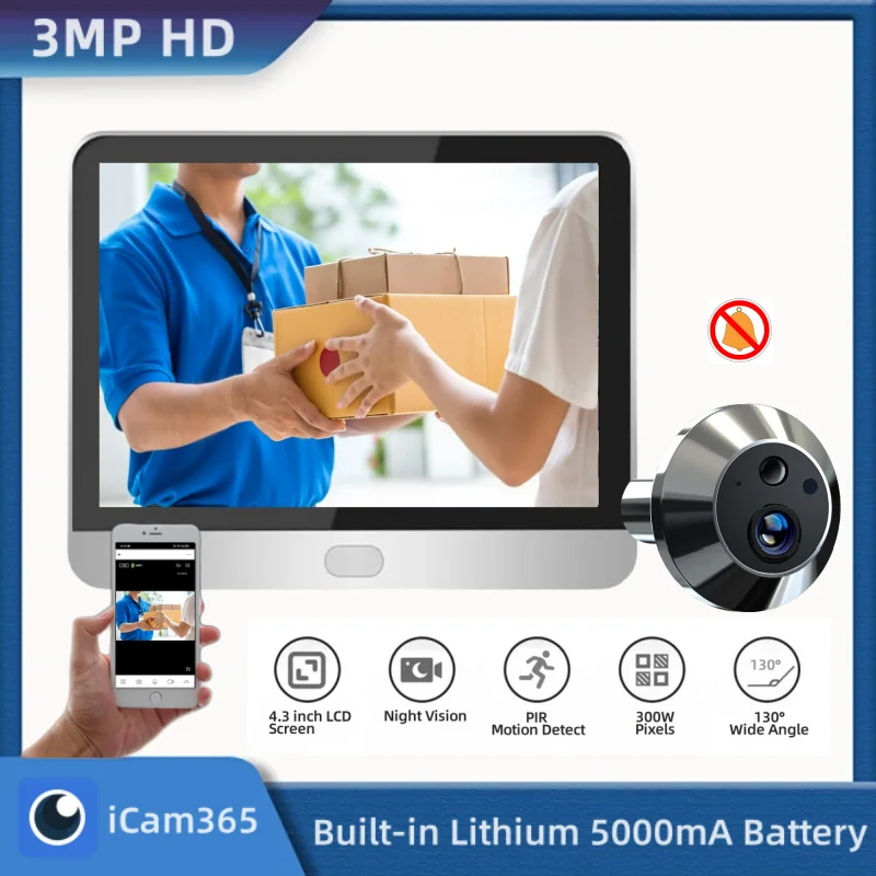 3MP iCam365 Wireless House Wifi Door Camera Wide Angle 130° Security Smart Home Digital Door Peephole With Camera