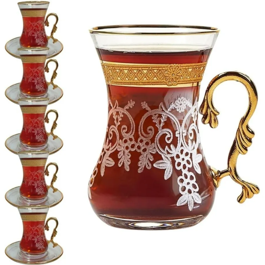 

Золотые винтажные турецкие марокканские персидские арабские чайные стаканы, чашки и блюдца, набор из 6 стеклянных посуды для питья, вечерние, для взрослых, необычный кофе