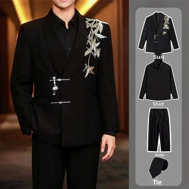 

Bla Embroidered Chinese Sle Men's Suit Wedding om Loose Fit Adult Ceremony Clothing Polyester Fiber Soft Bamboo Le P...