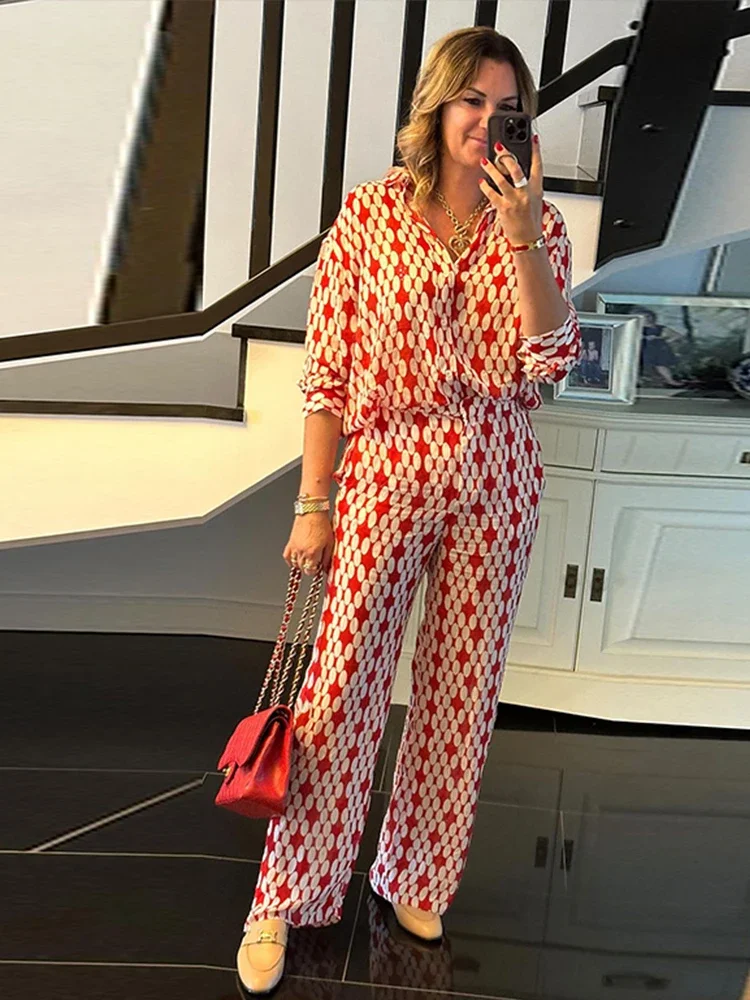 Camisa de lunares roja y blanca, conjunto de pantalones, camisas de gasa informales holgadas, blusa, pantalones de pierna ancha, ropa de protección solar para vacaciones y playa