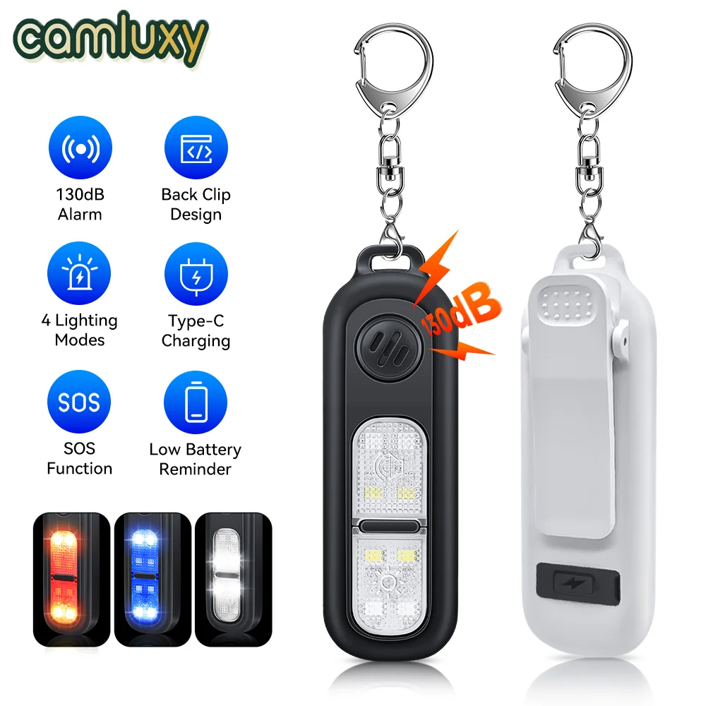 Camluxy 130dB Safety Self Defense Alarm Type-C Rechargeable Personal LED Emergency Night Light with Key Chain for Night Running