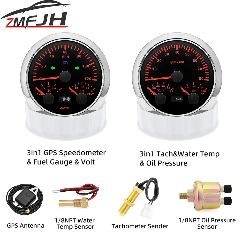 

85mm 2 Gauges Set Tachometer GPS Speedometer With Turn Signal Fuel Level Voltmeter Water Temp Oil Pressure Meter With Sensors