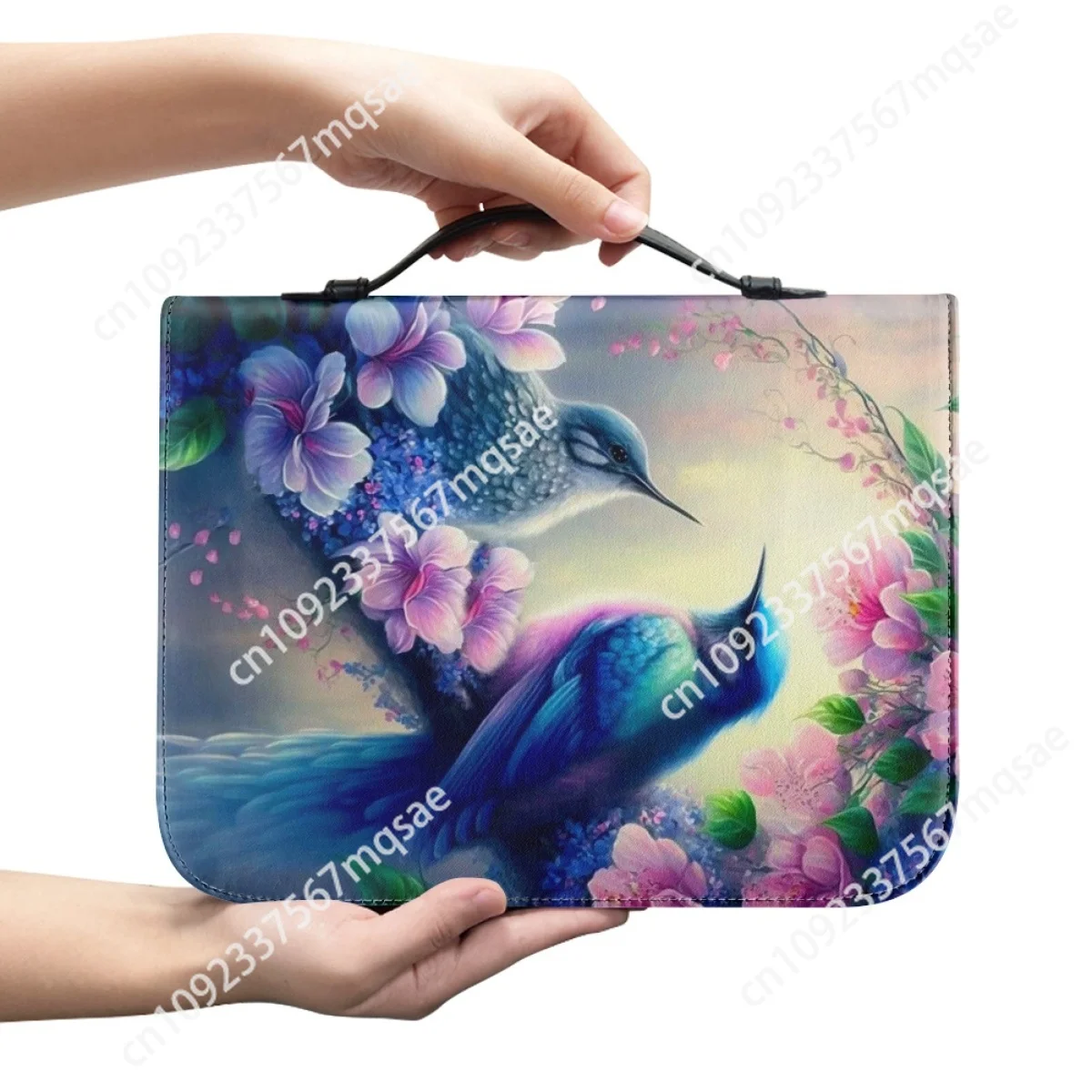 New Women's Bible Cover Case Fashion Floral Hummingbird Print Leather Handbags Zippered Handle Portable Church Bible Storage Bag