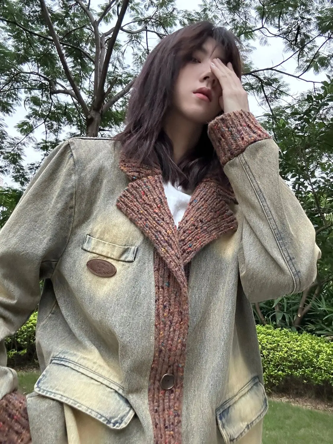 

American retro washing old wool knitted spliced denim jacket women autumn winter new loose shoulder padded suit jacket