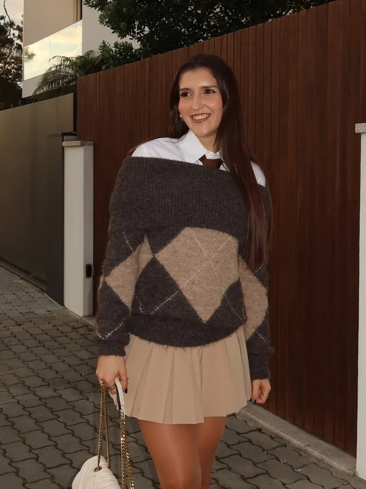 

HH Woman Autumn Chic Pullover Diamond Pattern Knitted Pullover Sweater Women Fashion Long Sleeves Casual Loose Elasticity Top