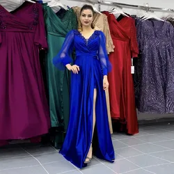 Eightale Royal Blue Evening Dress Satin V-Neck Long Sleeves A-Line Beaded Floor Length Prom Party Gowns robe de soirée femme