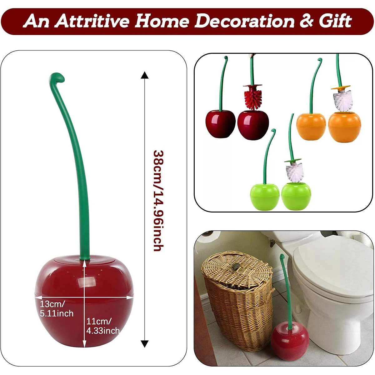3 Colors Cherry-Shaped Toilet Brush Set – Free-Standing Long Handle Cleaner with Holder for Bathroom | Cute & Functional view 2
