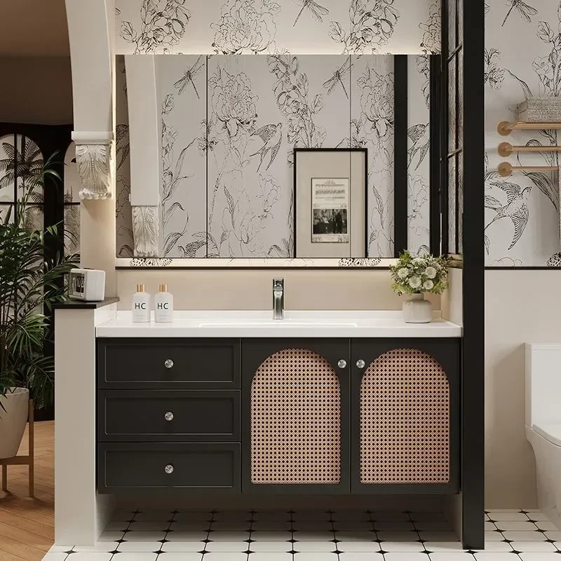 French Retro Rattan Bathroom Cabinet Black Washstand with Basin Vanity Unit Storage Combo for Modern Home Decor