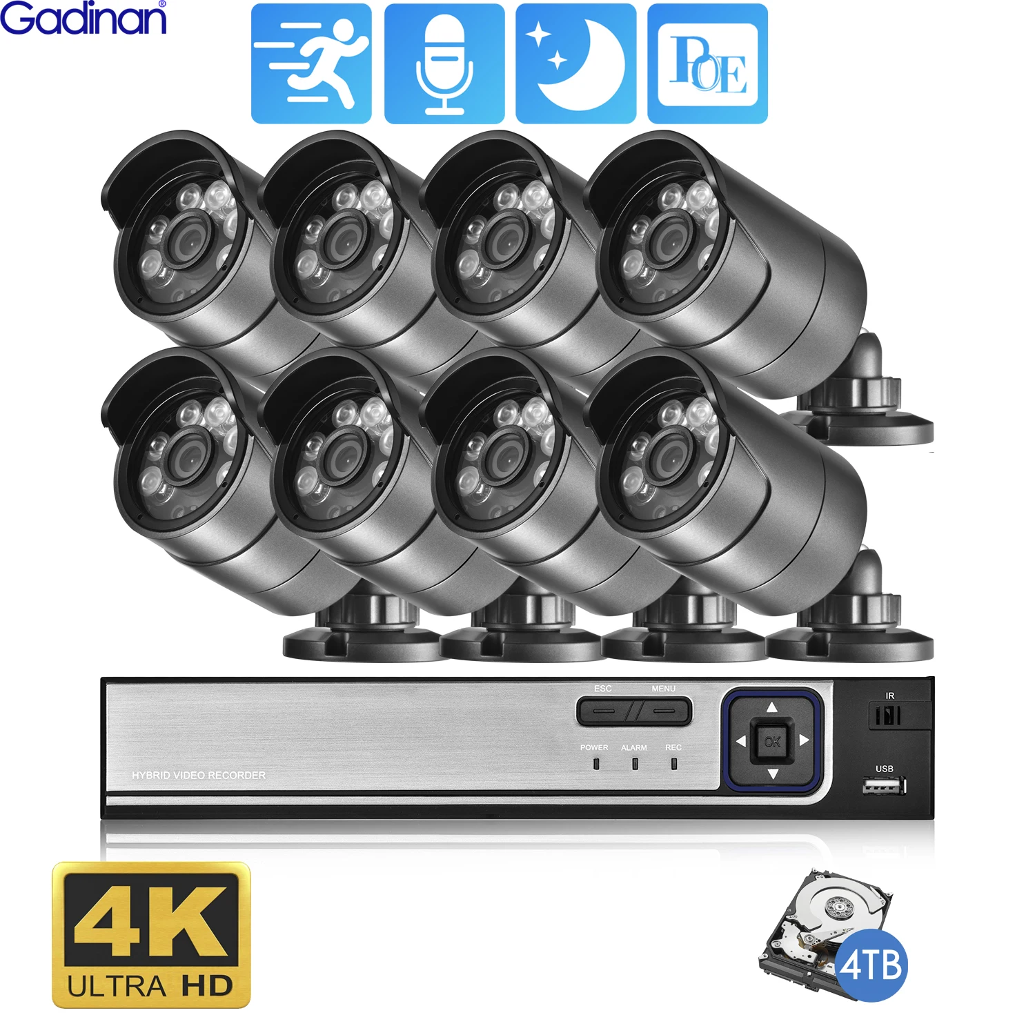 Gadinan 4K 8MP POE 보안 카메라 시스템, 4CH, 8CH P2P AI 비디오 감시 키트, 오디오 야외 홈, 8MP IP 카메라, CCTV NVR 세트 