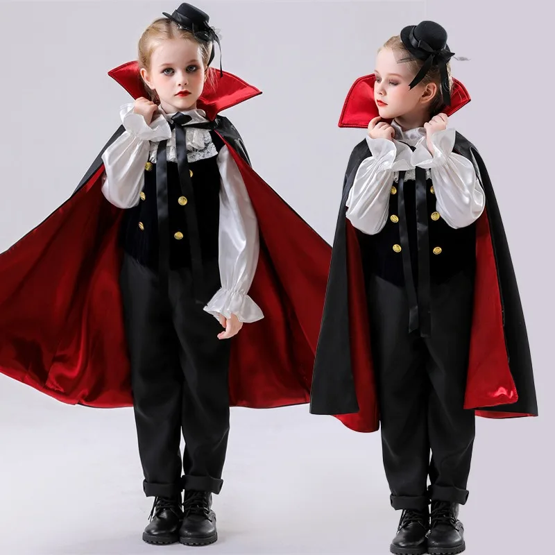 أزياء الحفلات التنكرية للأطفال - أزياء الهالوين على الوجهين لمصاصي الدماء الأمير - أحمر-أسود لطيف مخيف للأطفال لمرحلة الأداء