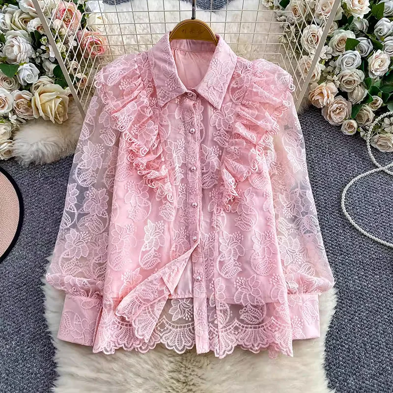

French Style Heavy Lace Embroidery Turn-Down Collar Lantern Sleeve Shirt For Women, Autumn Gentle Pink Sheer Age-Reducing