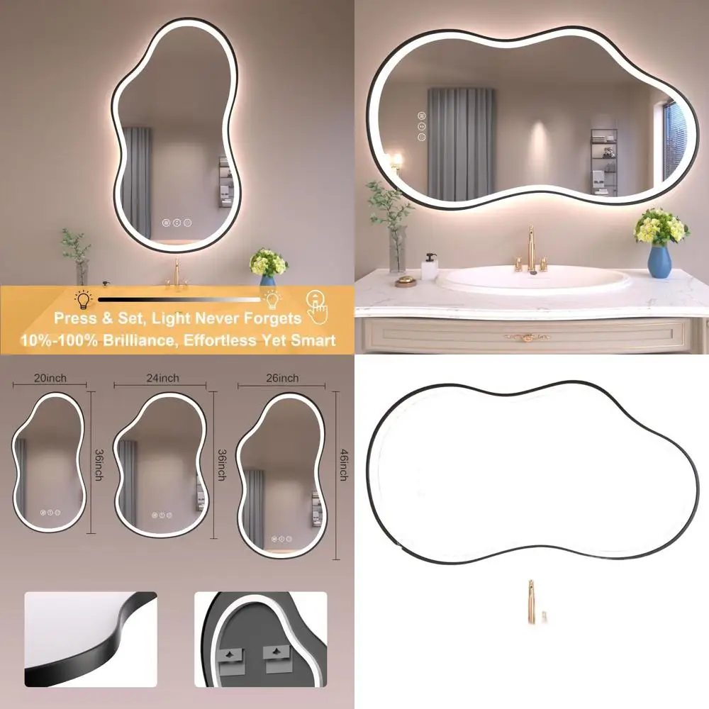 Miroir de salle de bain LED 20 x 36 pouces avec design asymétrique, antibuée, intensité variable en 3 couleurs, verre incassable, horizontal/vertique