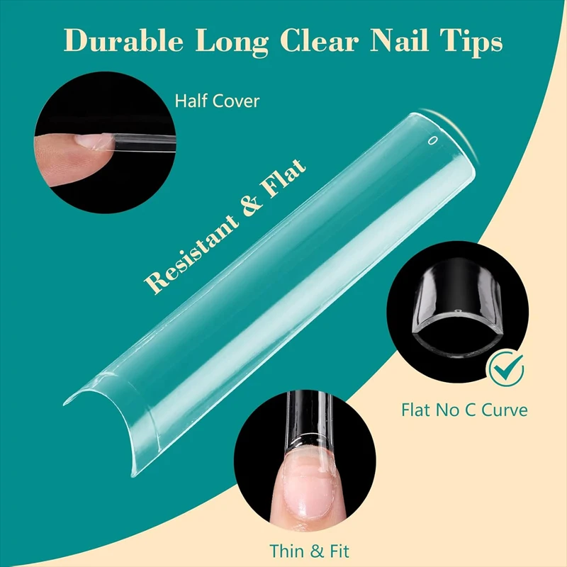 256/240 Stück C-Kurvenfreie transparente Nagelspitzen, professionelle Acrylnägel, 3XL extra langer Stil, halbbedeckende, gerade, konische, quadratische Spitzen, französische Kunstnägel, geeignet für Nagelstudios und Heim-DIY – Detail 2