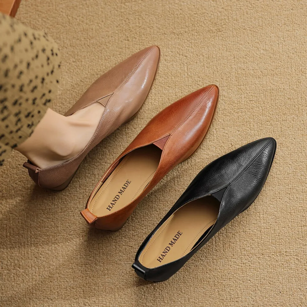 Women Flat Shoes Genuine Leather Sheepskin Comfort Flats Slip On Black Brown Simple Shoes Spring Autumn Soft Loafers Pointed Toe