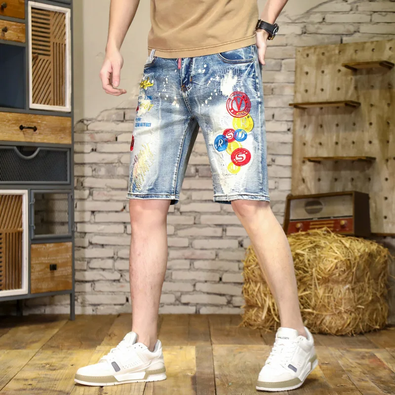 High-End Embroidery Scratch Patch Denim Shorts Men's Summer Slim Fit Stretch Personality Printed Casual Retro Shorts