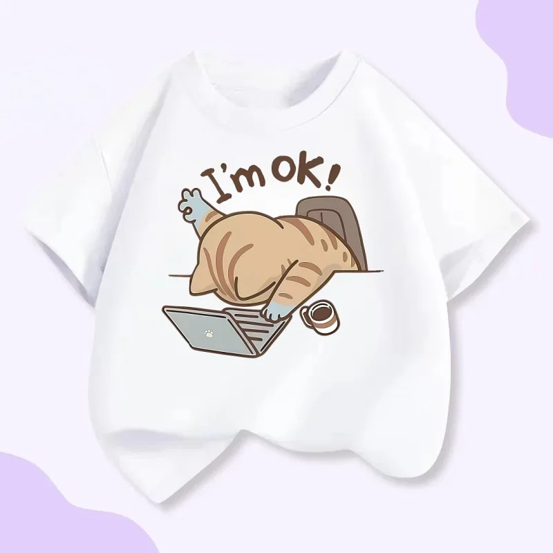 

Детская футболка с короткими рукавами с забавным лоферным котом «Я ОК», летняя футболка унисекс из чистого хлопка с мультяшным принтом
