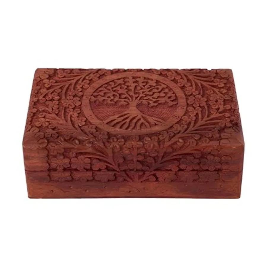 

Деревянная индийская коробка для резьбы ручной работы Древо жизни Коробка для брелоков Деревянный органайзер для ювелирных изделий Коробка на память Идеальные подарки для женщин 8x5x2,5