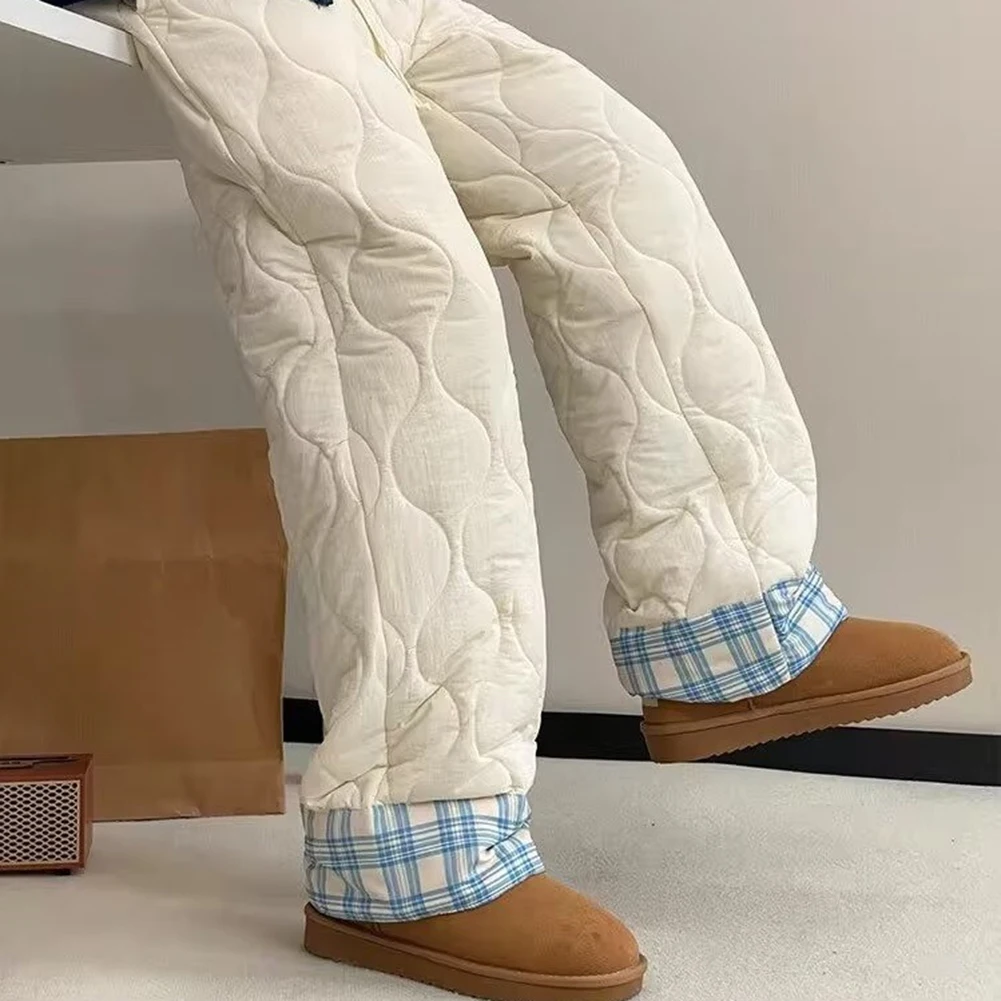 หลวมขนแกะเรียงรายกางเกงผ้าฝ้ายฤดูหนาวสําหรับผู้หญิงเอวสูงหนาขนแกะอบอุ่นหลวมกางเกงขาตรงสําหรับฤดูหนาวฤดูใบไม้ร่วง