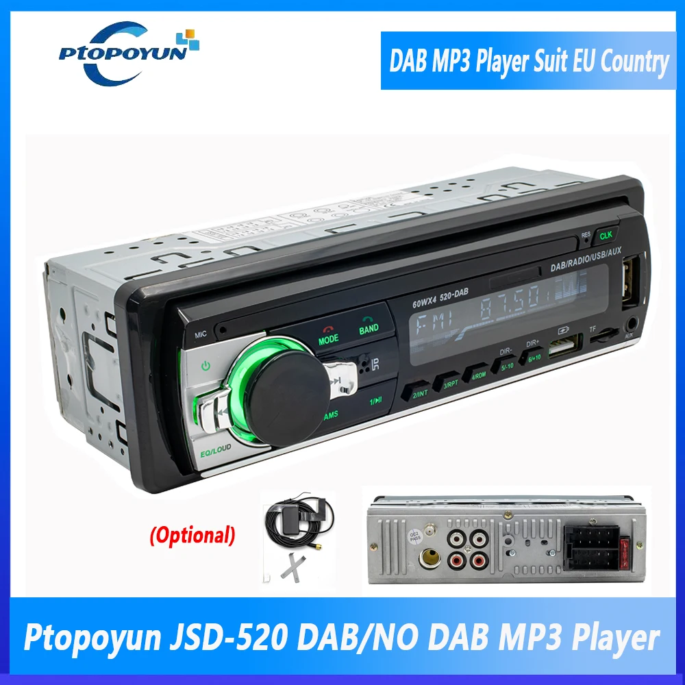 Ptopoyun Dab Radio DAB+ Car MP3 Multimedia Player JSD-520 AM FM Audio Stereo Receiver 12V In-Dash 1din Bluetooth Autoradio