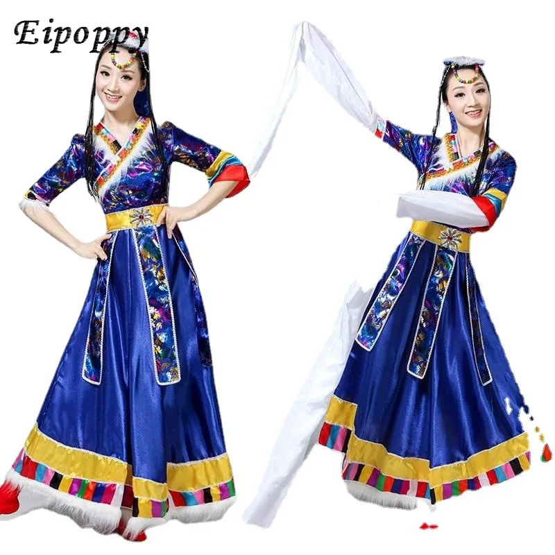 Vestido longo de seda branca para performance feminina, dança tibetana, traje étnico, traje de performance e acessórios