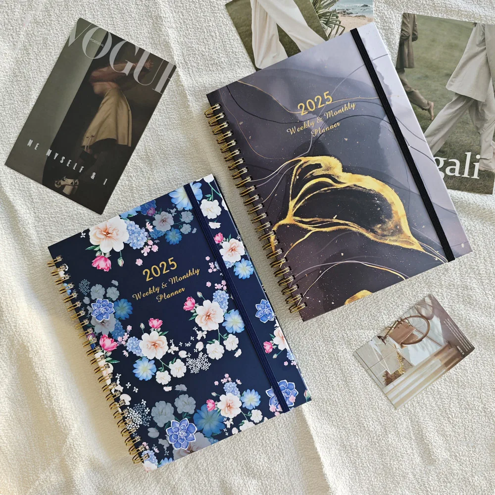 Flower Cover Notepad Portable A5 Weekly Planner 2025 Coil Notebook Student Account Book Diary Office Supplies Schedule Book