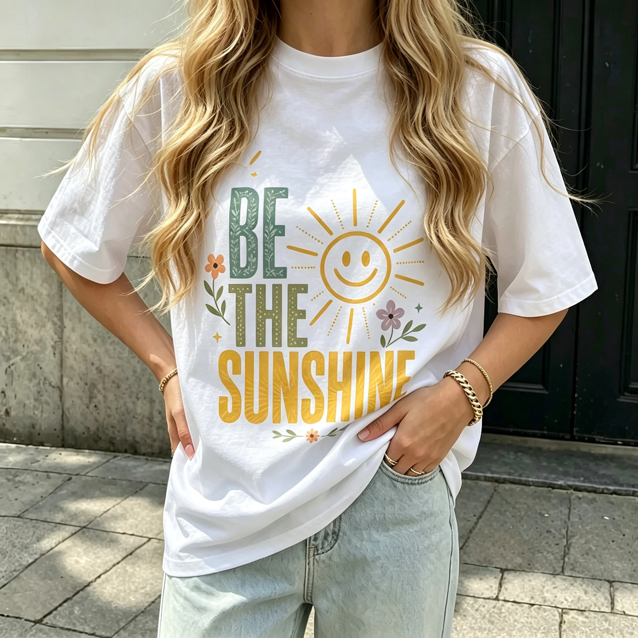 Women T‑Shirt Be The Sunshine Smiley Sun Floral Graphic Tee Positive Quote Letter Print Casual Loose Short Sleeve Summer Tops