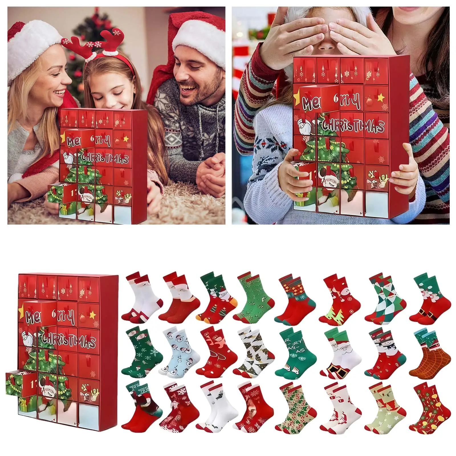 Work Timer 24 Pairs Christmas Socks Advent Calendar Christmas Socks Bulk 24 Days Countdown Box 2 Minute Sand Timer Brush Teeth