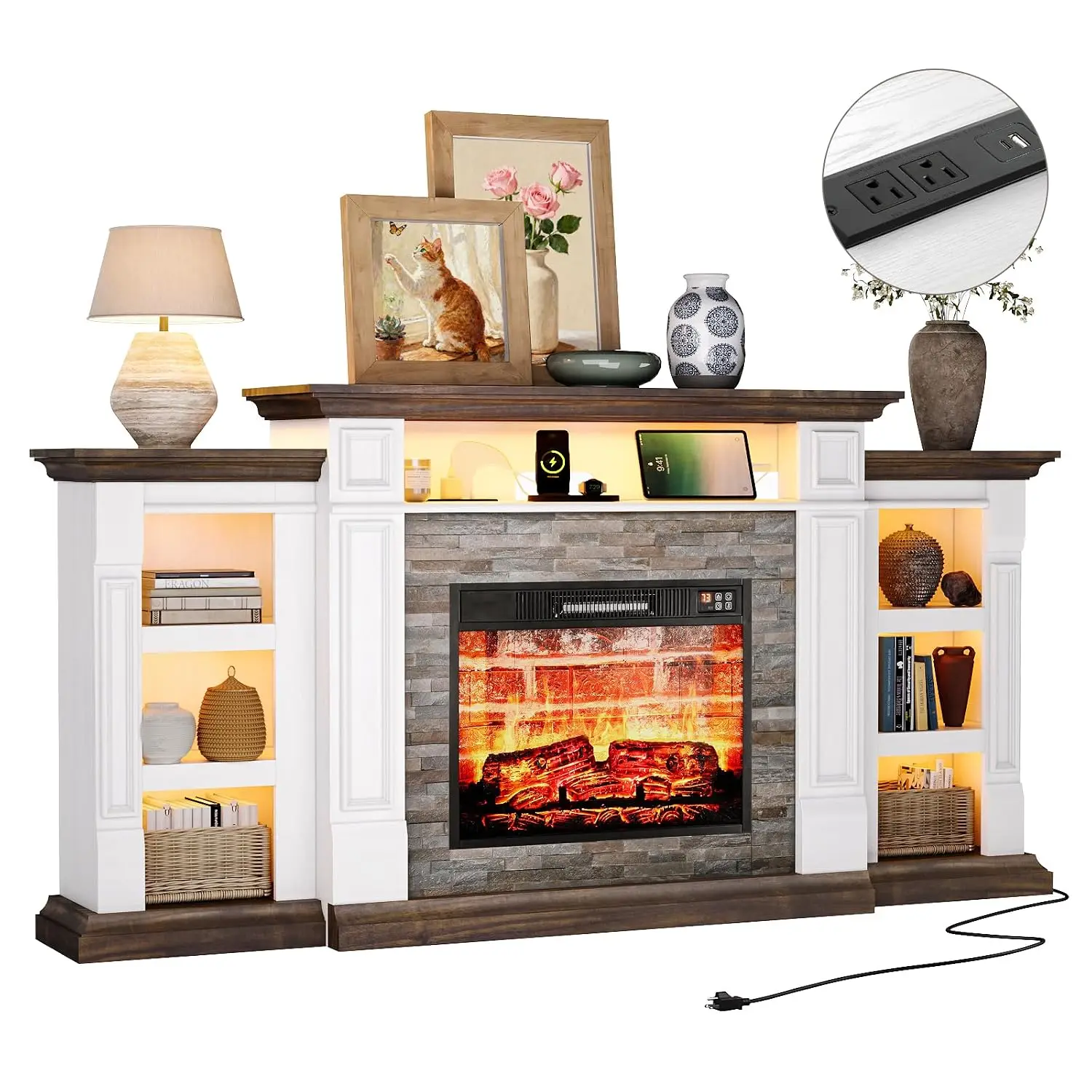 72'' Fireplace TV Stand with Outlet & LED, Mantel Entertainment Center for 80'' TV, 23'' Heater Insert 3D FlCustomized