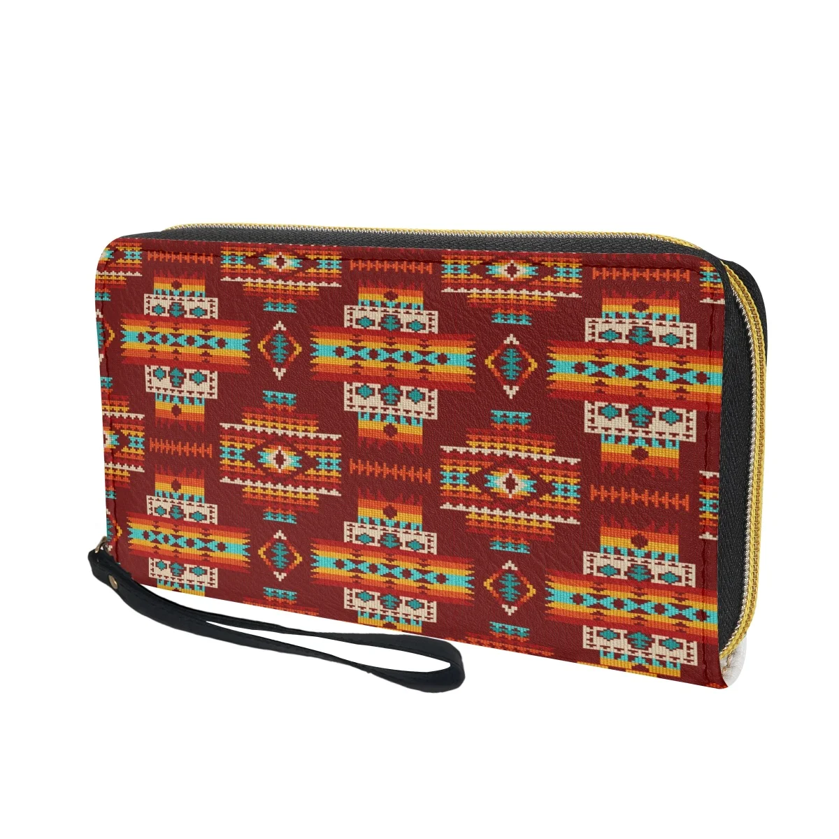 Portefeuille en cuir à motif rouge tribal pour femme, sac à main long à fermeture éclair pour femme, porte-cartes de voyage multifonction, sacs d'argent pour filles, mode