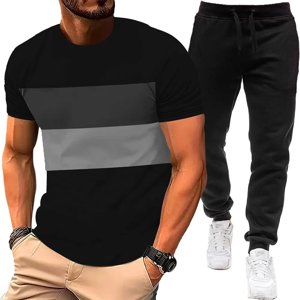 

2026 New Men's Color Block Short Sleeve & Solid Color Pants Set, Casual Fashion Sports Outfit